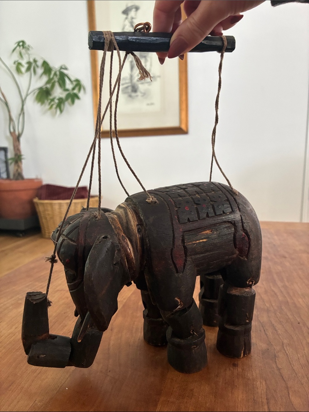 Handcrafted Antique Wooden Elephant Marionette Very old hand carved